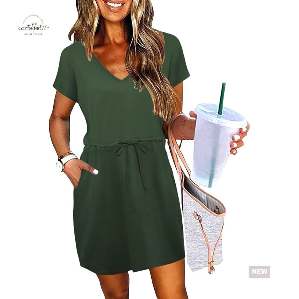 A-Line Midi Dress with Pockets, Short Sleeve, Tie Front, Casual to Formal